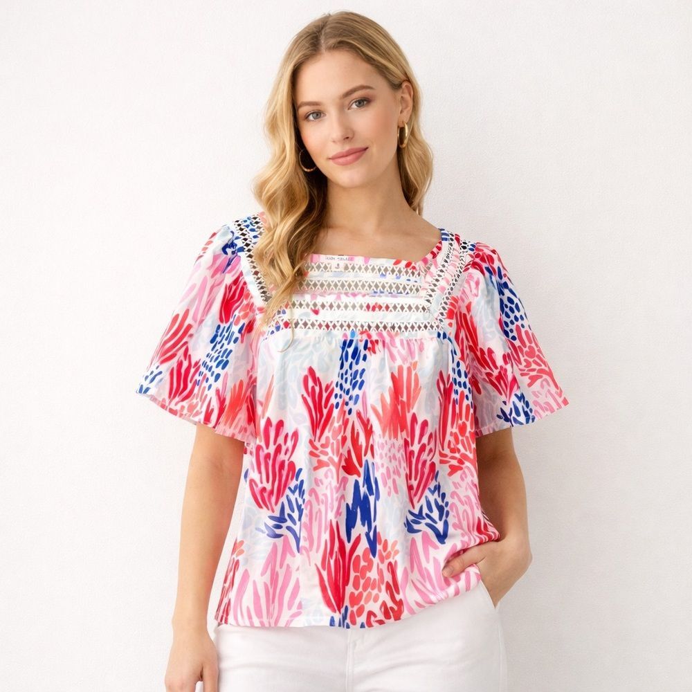 Romantic Soft Girl Mary Square Floral Square-Neck Small Blouse Coastal Grandma